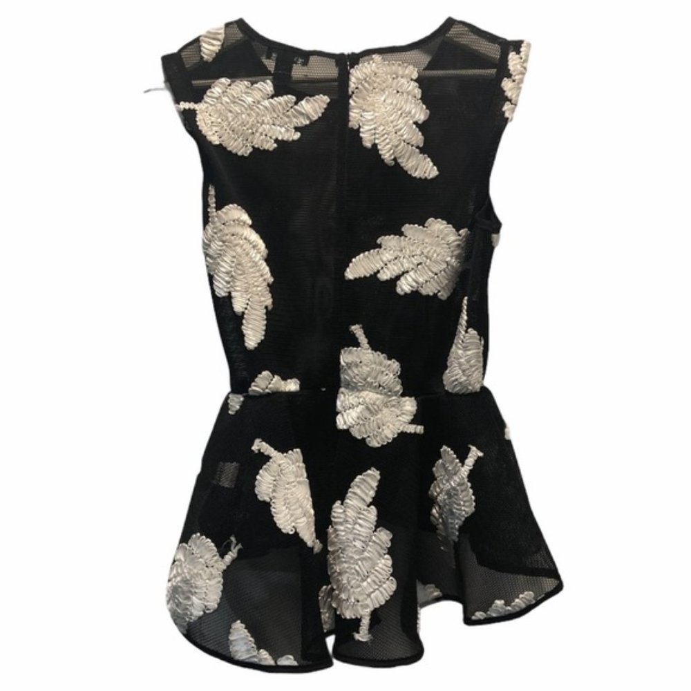 Ft Inc Sleeveless High Low Peplum Black Mesh Top With White Leaf Print Detail M